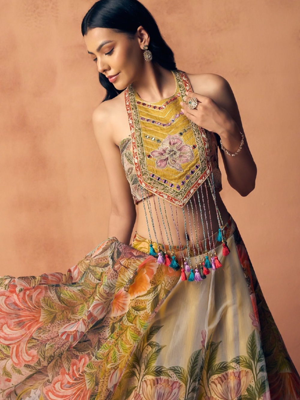 Floral Embroidered Halter Crop Top & Maxi Skirt Set in Mustard & Multicolor - Picture 3 of 6